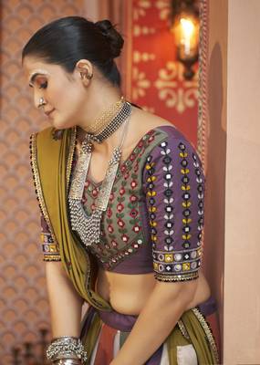MULTICOLOR THREAD EMBROIDERED WITH MIRROR WORK VISCOSE RAYON TRADITIONAL WEDDING FESTIVAL STITCHED LEHENGA CHOLI DUPATTA 5