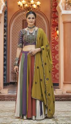 MULTICOLOR THREAD EMBROIDERED WITH MIRROR WORK VISCOSE RAYON TRADITIONAL WEDDING FESTIVAL STITCHED LEHENGA CHOLI DUPATTA 6