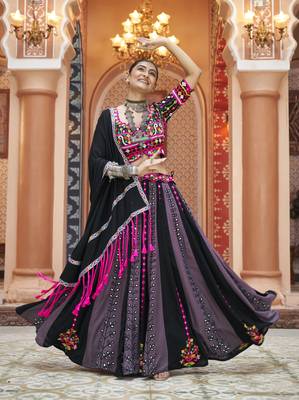 PURPLE BLACK THREAD EMBROIDERED WITH MIRROR WORK VISCOSE RAYON TRADITIONAL FESTIVAL STITCHED LEHENGA CHOLI DUPATTA 1
