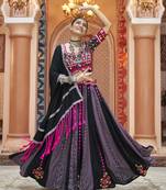 PURPLE BLACK THREAD EMBROIDERED WITH MIRROR WORK VISCOSE RAYON TRADITIONAL FESTIVAL STITCHED LEHENGA CHOLI DUPATTA