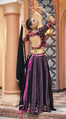 PURPLE BLACK THREAD EMBROIDERED WITH MIRROR WORK VISCOSE RAYON TRADITIONAL FESTIVAL STITCHED LEHENGA CHOLI DUPATTA 3