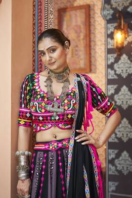PURPLE BLACK THREAD EMBROIDERED WITH MIRROR WORK VISCOSE RAYON TRADITIONAL FESTIVAL STITCHED LEHENGA CHOLI DUPATTA 4