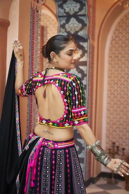 PURPLE BLACK THREAD EMBROIDERED WITH MIRROR WORK VISCOSE RAYON TRADITIONAL FESTIVAL STITCHED LEHENGA CHOLI DUPATTA 5