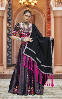 PURPLE BLACK THREAD EMBROIDERED WITH MIRROR WORK VISCOSE RAYON TRADITIONAL FESTIVAL STITCHED LEHENGA CHOLI DUPATTA 6