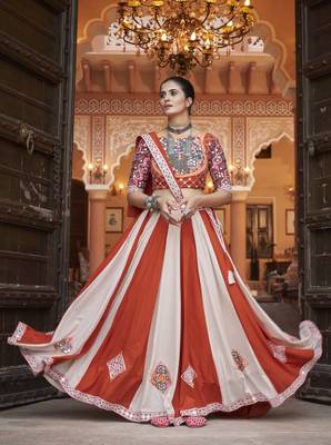 ORANGE THREAD EMBROIDERED WITH MIRROR WORK VISCOSE RAYON TRADITIONAL WEDDING FESTIVAL STITCHED LEHENGA CHOLI DUPATTA 1