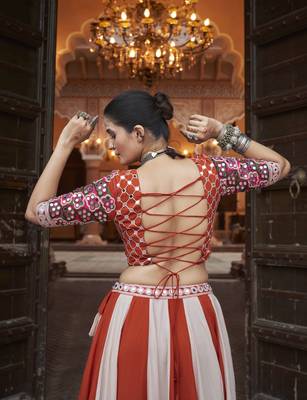 ORANGE THREAD EMBROIDERED WITH MIRROR WORK VISCOSE RAYON TRADITIONAL WEDDING FESTIVAL STITCHED LEHENGA CHOLI DUPATTA 3