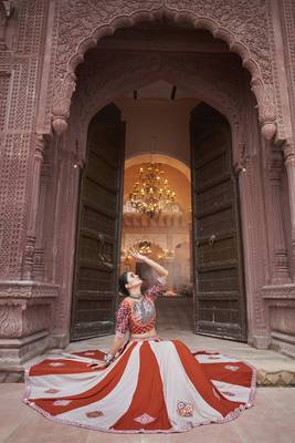 ORANGE THREAD EMBROIDERED WITH MIRROR WORK VISCOSE RAYON TRADITIONAL WEDDING FESTIVAL STITCHED LEHENGA CHOLI DUPATTA 4