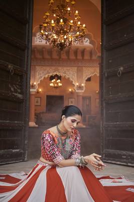 ORANGE THREAD EMBROIDERED WITH MIRROR WORK VISCOSE RAYON TRADITIONAL WEDDING FESTIVAL STITCHED LEHENGA CHOLI DUPATTA 5