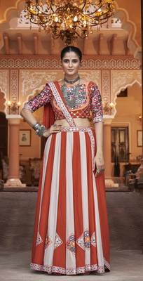 ORANGE THREAD EMBROIDERED WITH MIRROR WORK VISCOSE RAYON TRADITIONAL WEDDING FESTIVAL STITCHED LEHENGA CHOLI DUPATTA 6