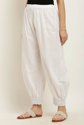 Pavonine white color afghani style lace hem cotton fabric palazzo for women 2