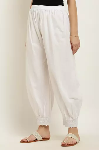 Pavonine white color afghani style lace hem cotton fabric palazzo for women