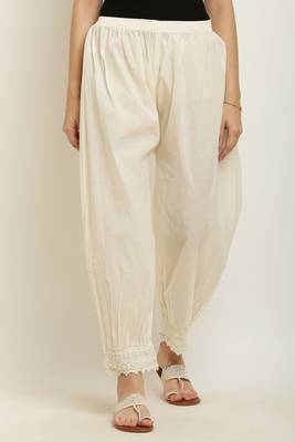 Pavonine off-white color afghani style lace hem cotton fabric palazzo for women 1