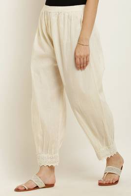 Pavonine off-white color afghani style lace hem cotton fabric palazzo for women 2