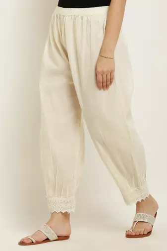 Pavonine off-white color afghani style lace hem cotton fabric palazzo for women