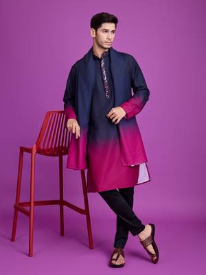 ombre navy blue & rani pink rayon mirror work straight kurta with dupatta 1