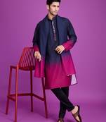 ombre navy blue & rani pink rayon mirror work straight kurta with dupatta