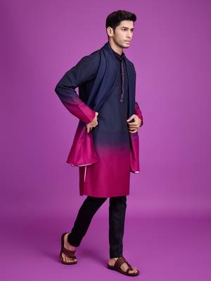 ombre navy blue & rani pink rayon mirror work straight kurta with dupatta 6