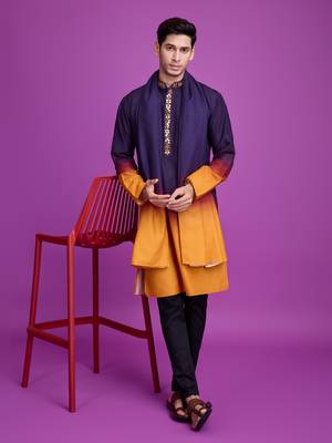 Purple & mustard rayon mirror work wedding function festival navratri party wear straight kurta with dupatta 1