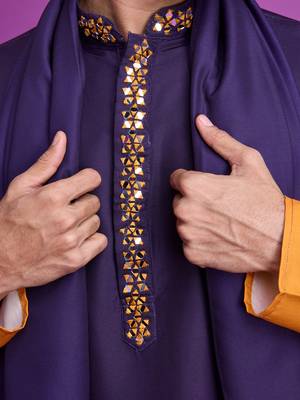 Purple & mustard rayon mirror work wedding function festival navratri party wear straight kurta with dupatta 3