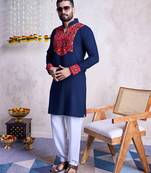 Navy blue rayon embroidery with mirror work wedding function festival navratri party wear diwali straight kurta