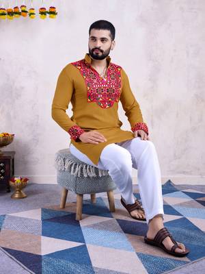 Yellow rayon embroidery with mirror work wedding function festival navratri party wear diwali straight kurta 1