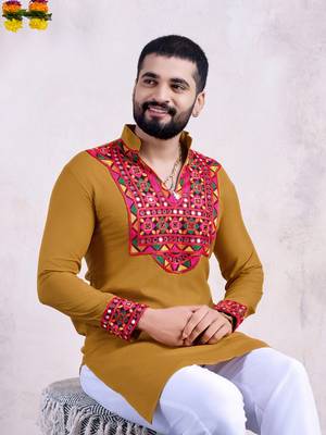 Yellow rayon embroidery with mirror work wedding function festival navratri party wear diwali straight kurta 2