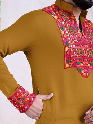 Yellow rayon embroidery with mirror work wedding function festival navratri party wear diwali straight kurta 3