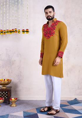 Yellow rayon embroidery with mirror work wedding function festival navratri party wear diwali straight kurta 5