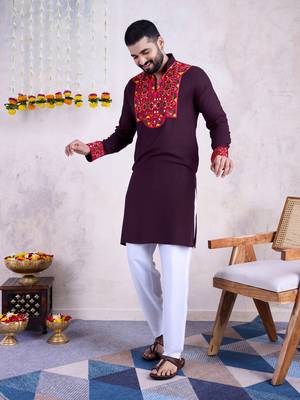 purple rayon embroidered straight kurta with mirror work 1