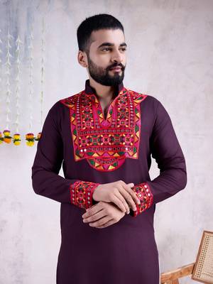 purple rayon embroidered straight kurta with mirror work 2