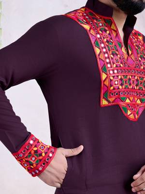 purple rayon embroidered straight kurta with mirror work 3
