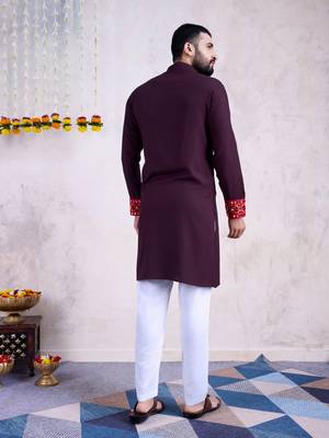 purple rayon embroidered straight kurta with mirror work 4