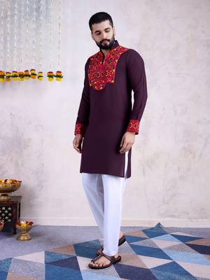 purple rayon embroidered straight kurta with mirror work 5