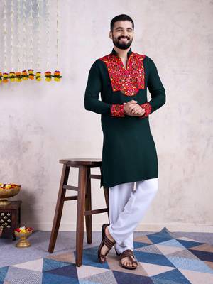 Green rayon embroidery with mirror work wedding function festival navratri party wear diwali straight kurta 1
