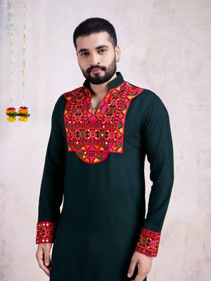 Green rayon embroidery with mirror work wedding function festival navratri party wear diwali straight kurta 2