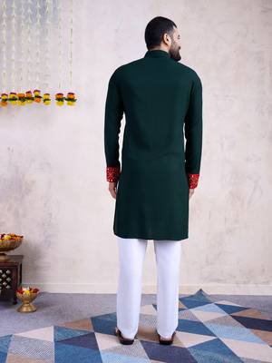Green rayon embroidery with mirror work wedding function festival navratri party wear diwali straight kurta 4