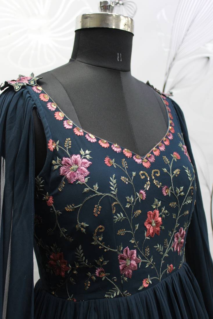 Teal blue thread and sequince embroidered work georgette anarkali salwar suit with fancy shoulder dupatta stitched gown