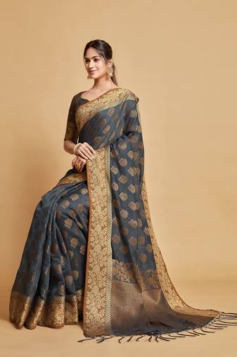 Grey Zari Woven Design Chanderi Cotton Saree