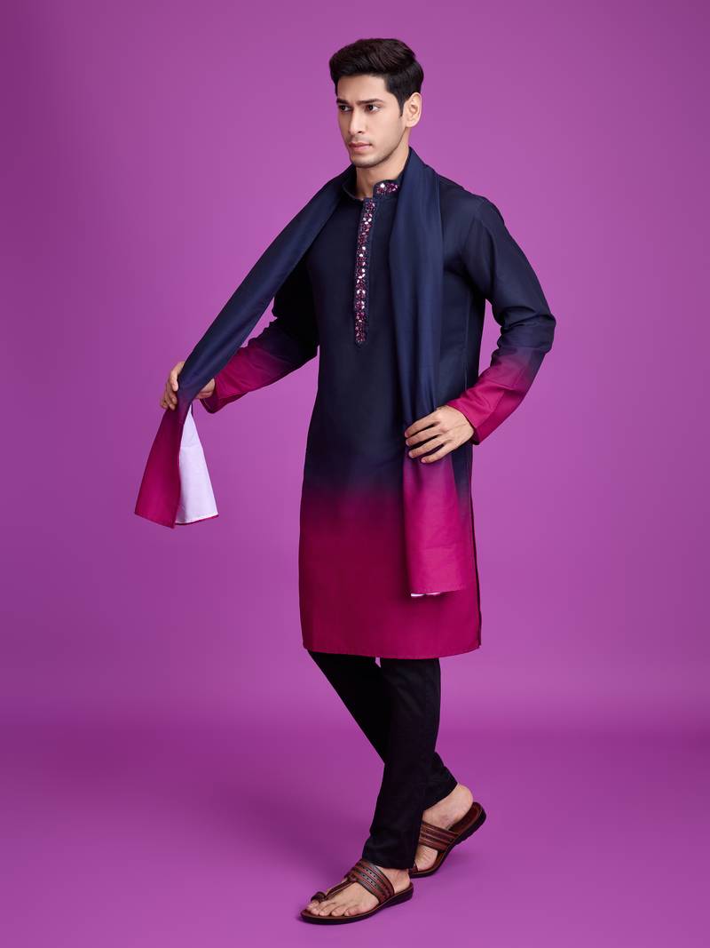 ombre navy blue & rani pink rayon mirror work straight kurta with dupatta