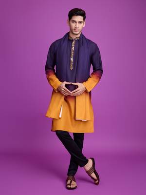 Purple & mustard rayon mirror work wedding function festival navratri party wear straight kurta with dupatta 8