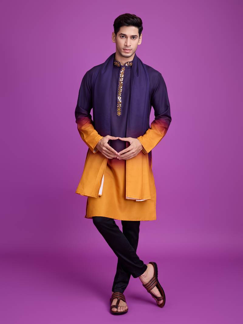 Purple & mustard rayon mirror work wedding function festival navratri party wear straight kurta with dupatta