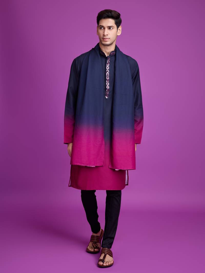 ombre navy blue & rani pink rayon mirror work straight kurta with dupatta