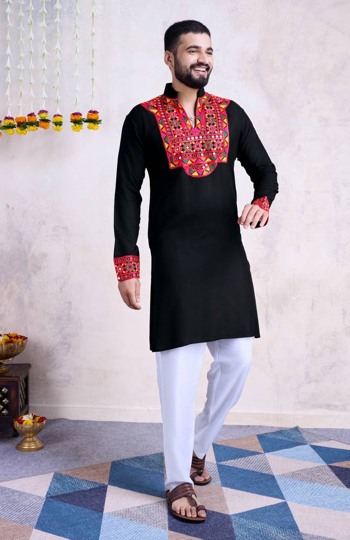 Black rayon embroidery with mirror work wedding function festival navratri party wear diwali straight kurta
