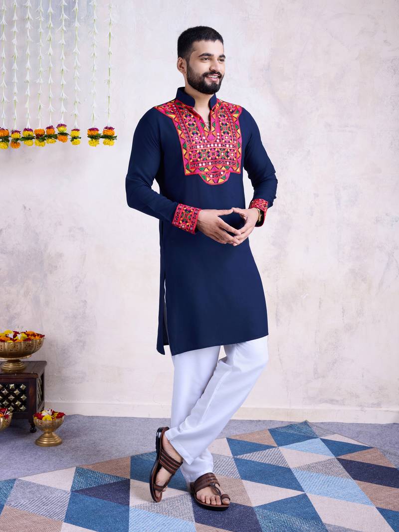 Navy blue rayon embroidery with mirror work wedding function festival navratri party wear diwali straight kurta