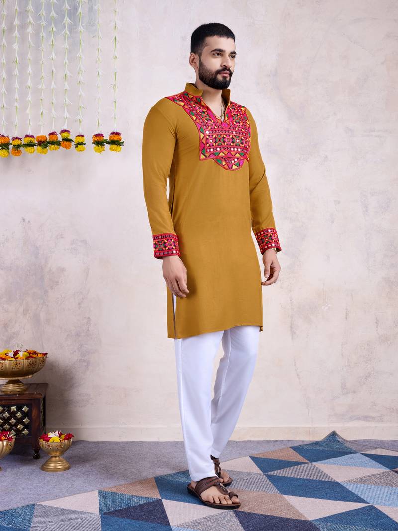 Yellow rayon embroidery with mirror work wedding function festival navratri party wear diwali straight kurta