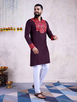 purple rayon embroidered straight kurta with mirror work 6