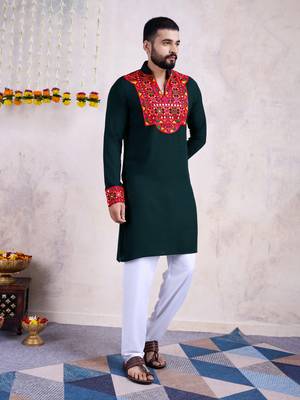 Green rayon embroidery with mirror work wedding function festival navratri party wear diwali straight kurta 6