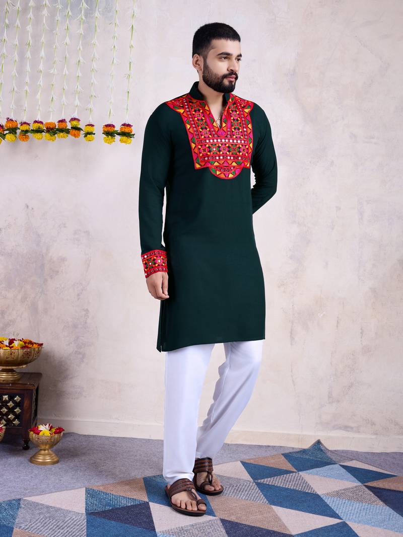 Green rayon embroidery with mirror work wedding function festival navratri party wear diwali straight kurta
