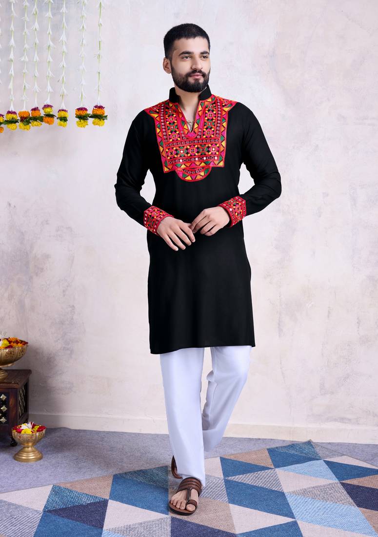Black rayon embroidery with mirror work wedding function festival navratri party wear diwali straight kurta