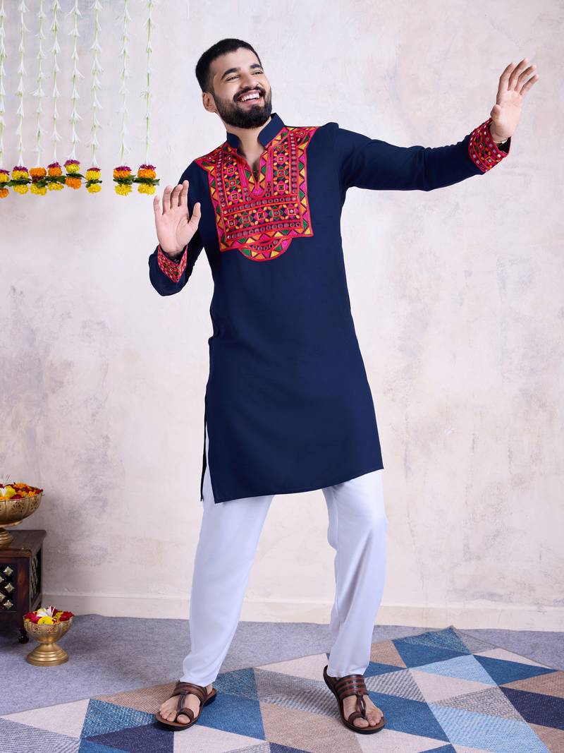 Navy blue rayon embroidery with mirror work wedding function festival navratri party wear diwali straight kurta